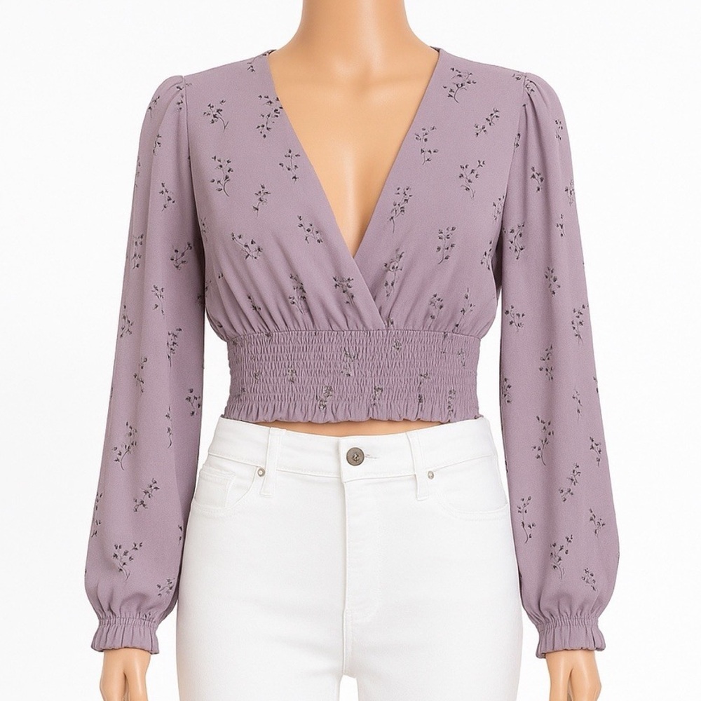 Love Tree Cropped Long Sleeve Purple Floral Blouse